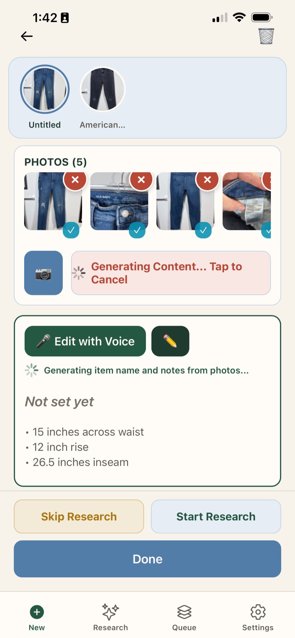 Lexi mobile app generating item name and notes from uploaded photos.