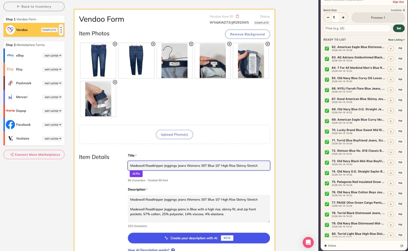 Crosslisting workflow with generated item details filled into marketplace forms.