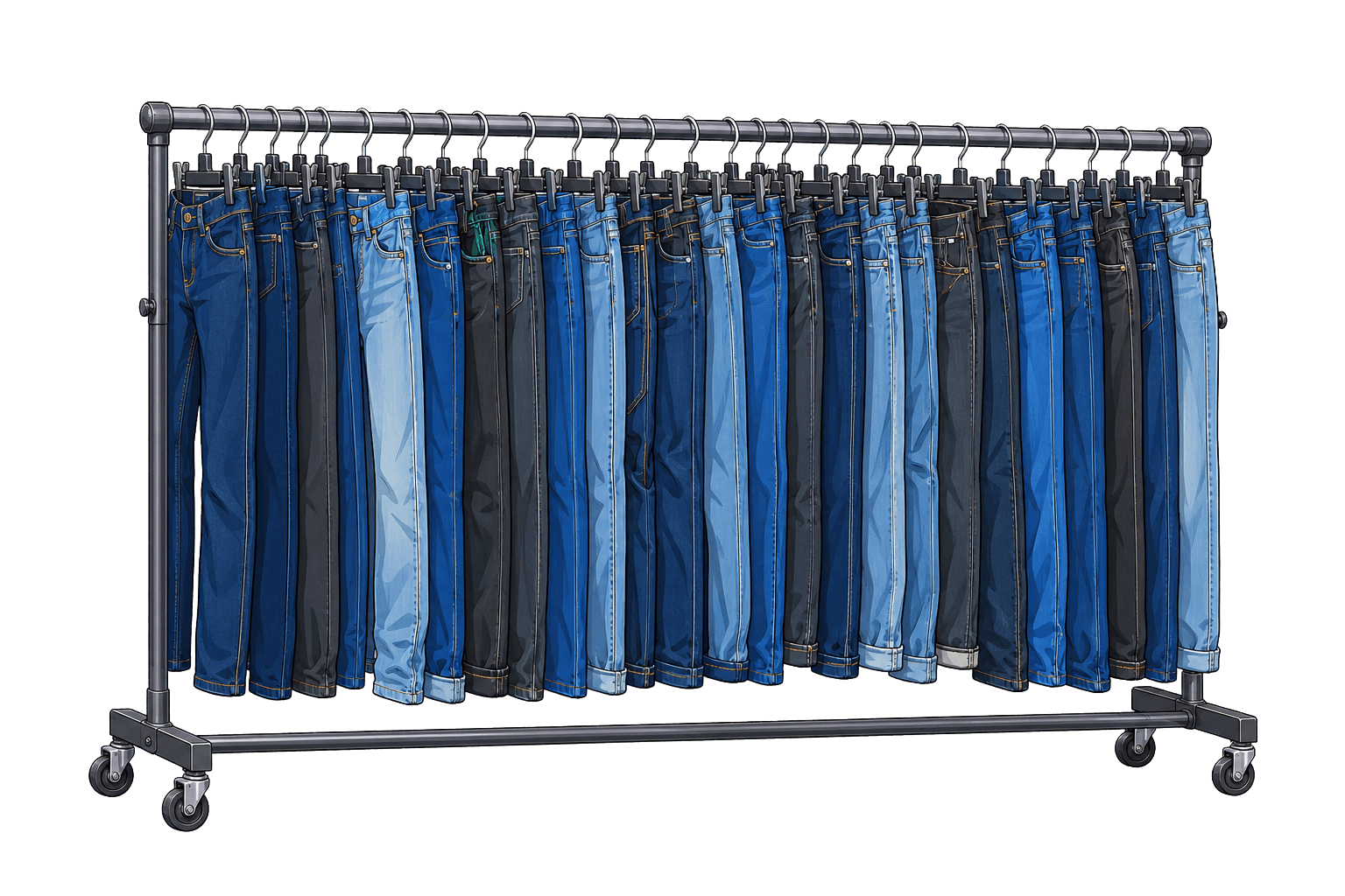 An illustrated clothing rack filled with many pairs of jeans.