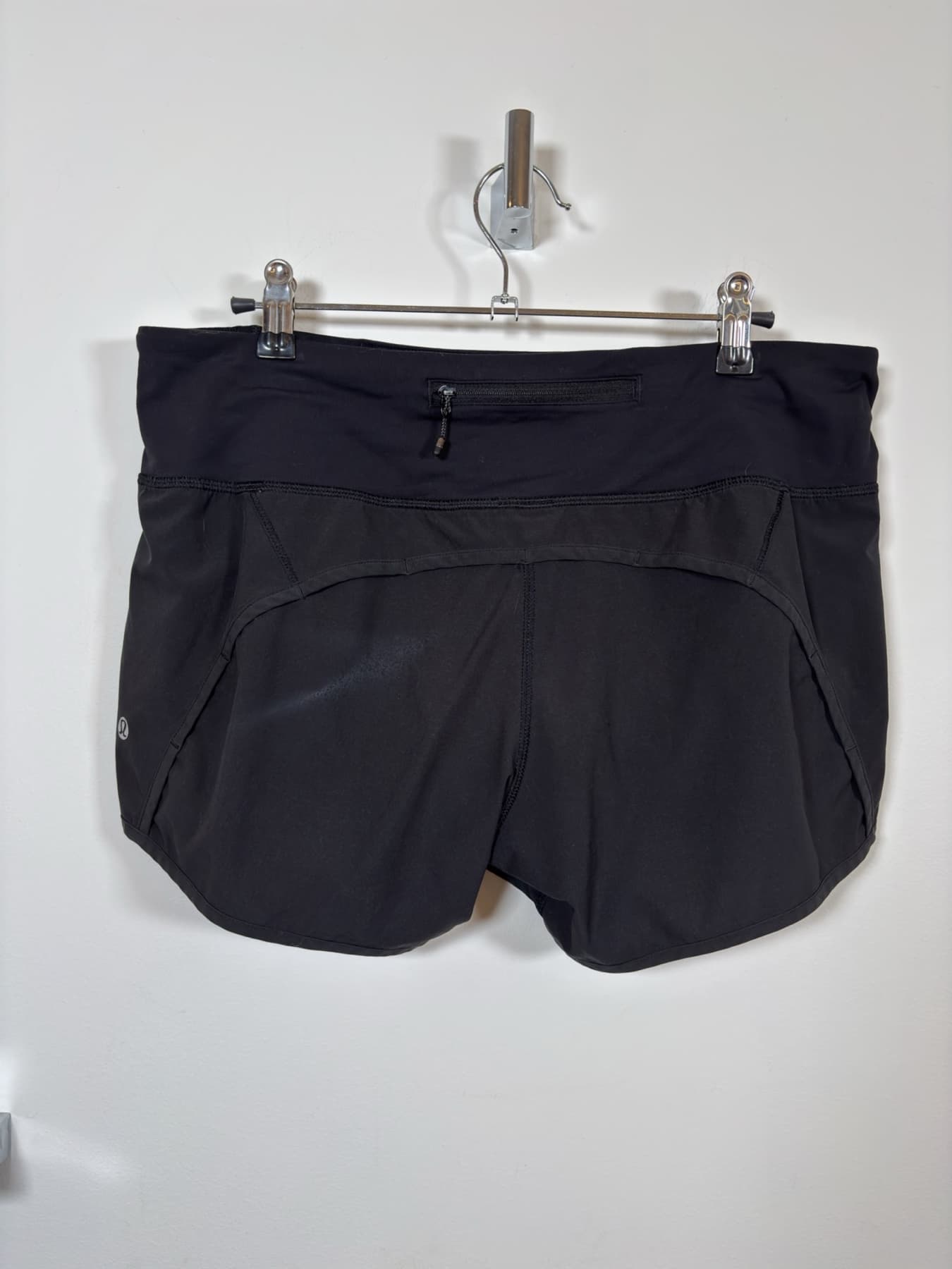 Back view of black Lululemon Speed Up shorts showing the zipper pocket.
